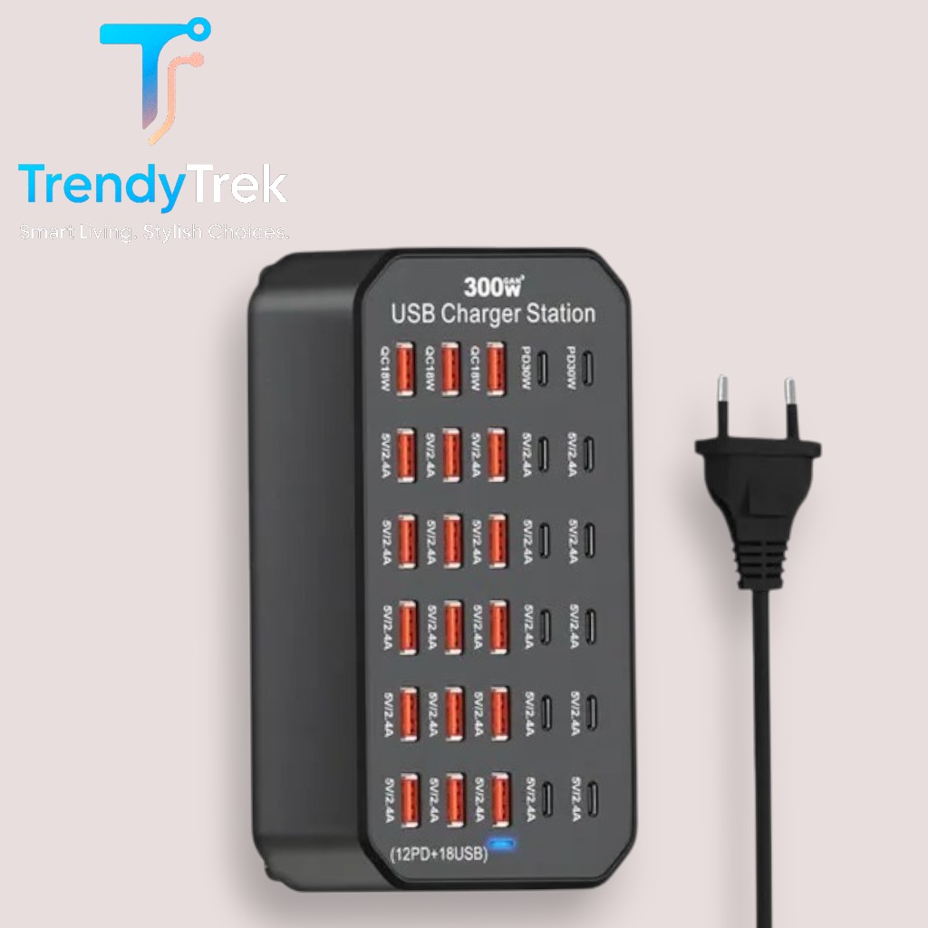 300W Multi-Port USB Charging Station with 12 USB-C PD + 18 USB-A Ports – Black - Image 5