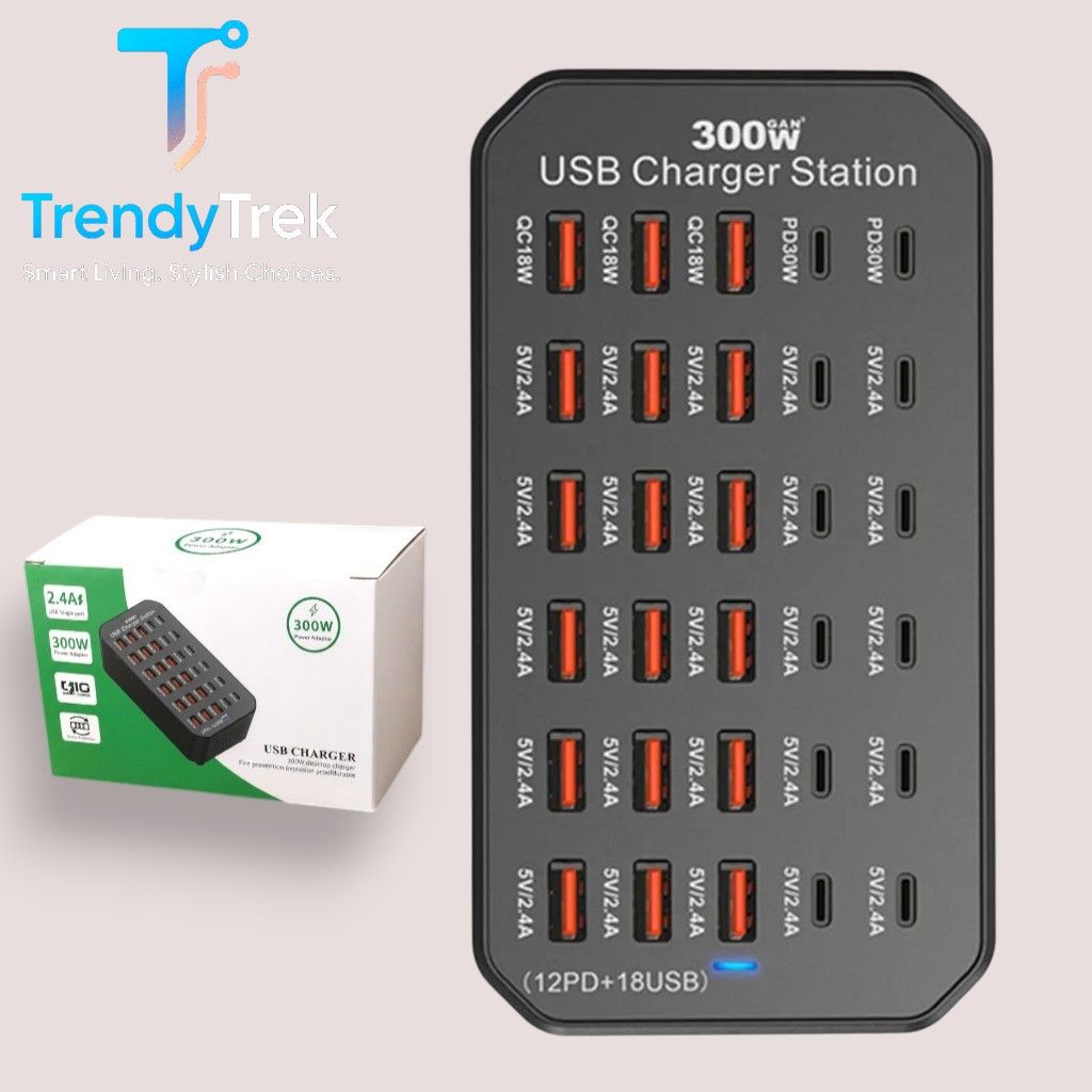 300W Multi-Port USB Charging Station with 12 USB-C PD + 18 USB-A Ports – Black - Image 2