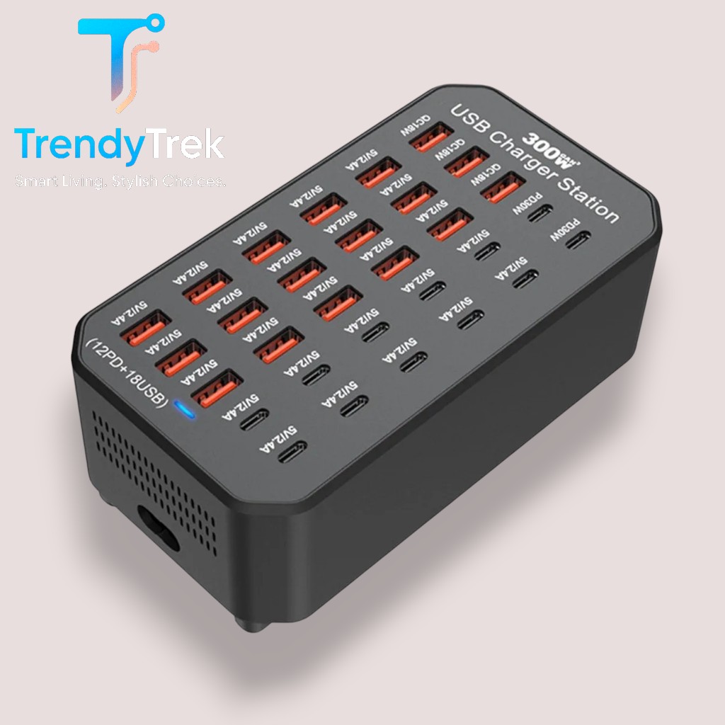300W Multi-Port USB Charging Station with 12 USB-C PD + 18 USB-A Ports – Black - Image 3