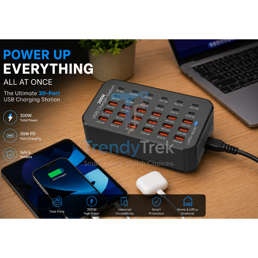 300W Multi-Port USB Charging Station with 12 USB-C PD + 18 USB-A Ports – Black - Image 6