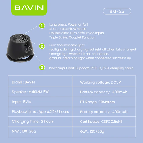 Bavin BM-23 Mini Magnetic Stereo Bluetooth Speaker – Black - Image 7