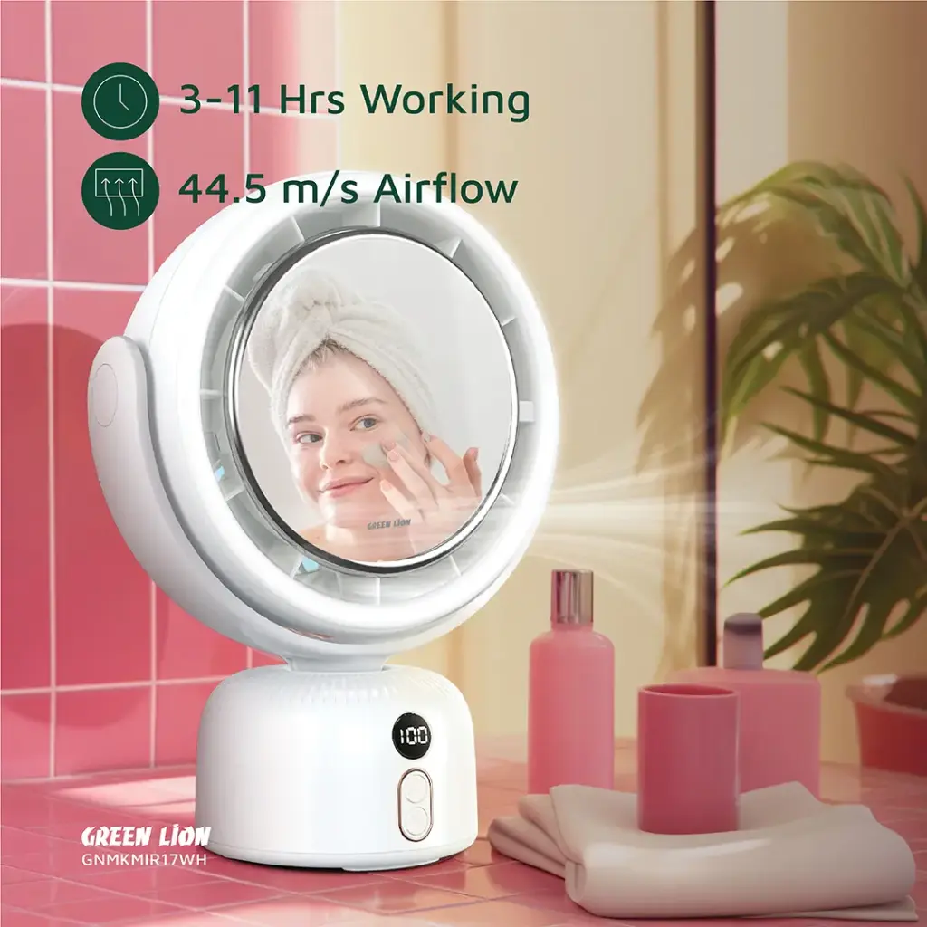 Green Lion Makeup Mirror Fan with 90° Oscillation – White - Image 9