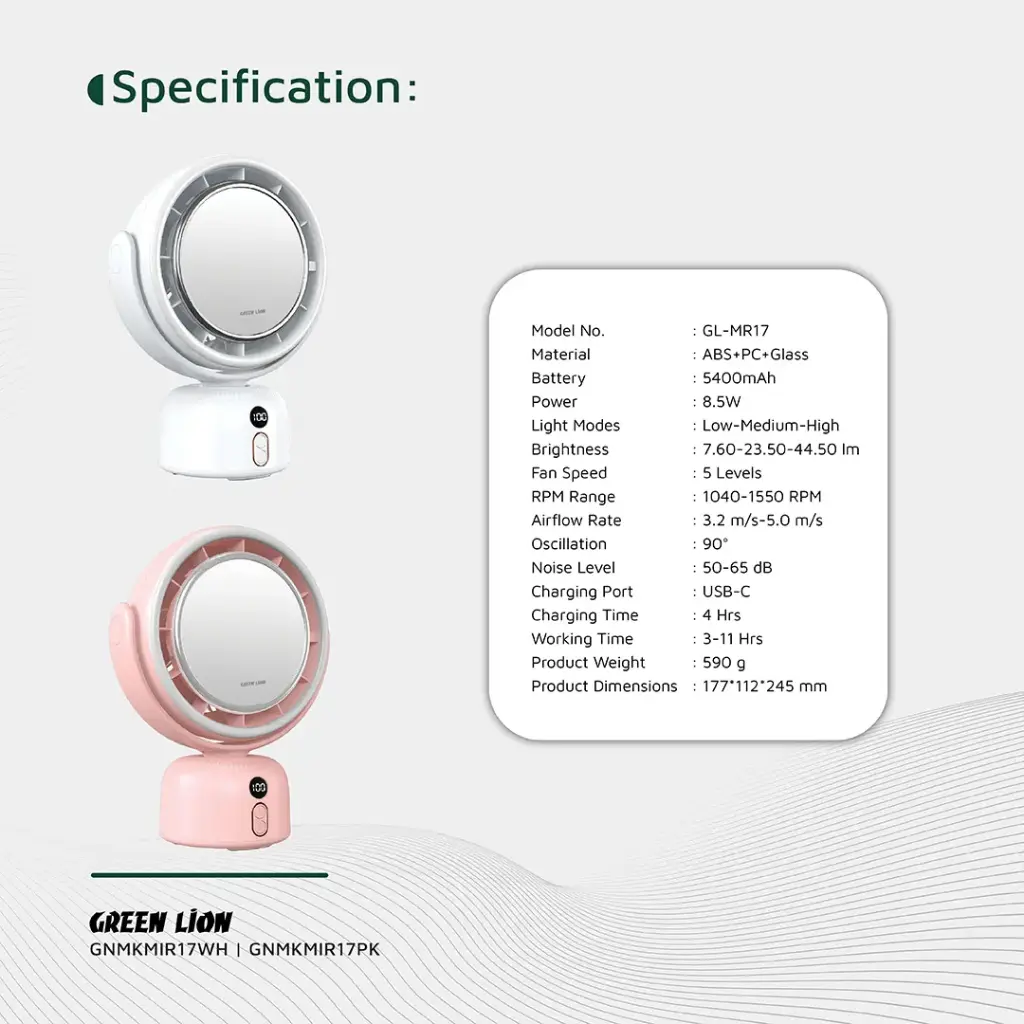 Green Lion Makeup Mirror Fan with 90° Oscillation – White - Image 6