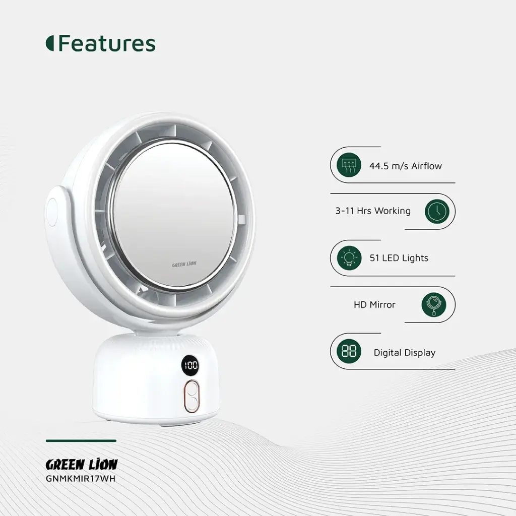 Green Lion Makeup Mirror Fan with 90° Oscillation – White - Image 5