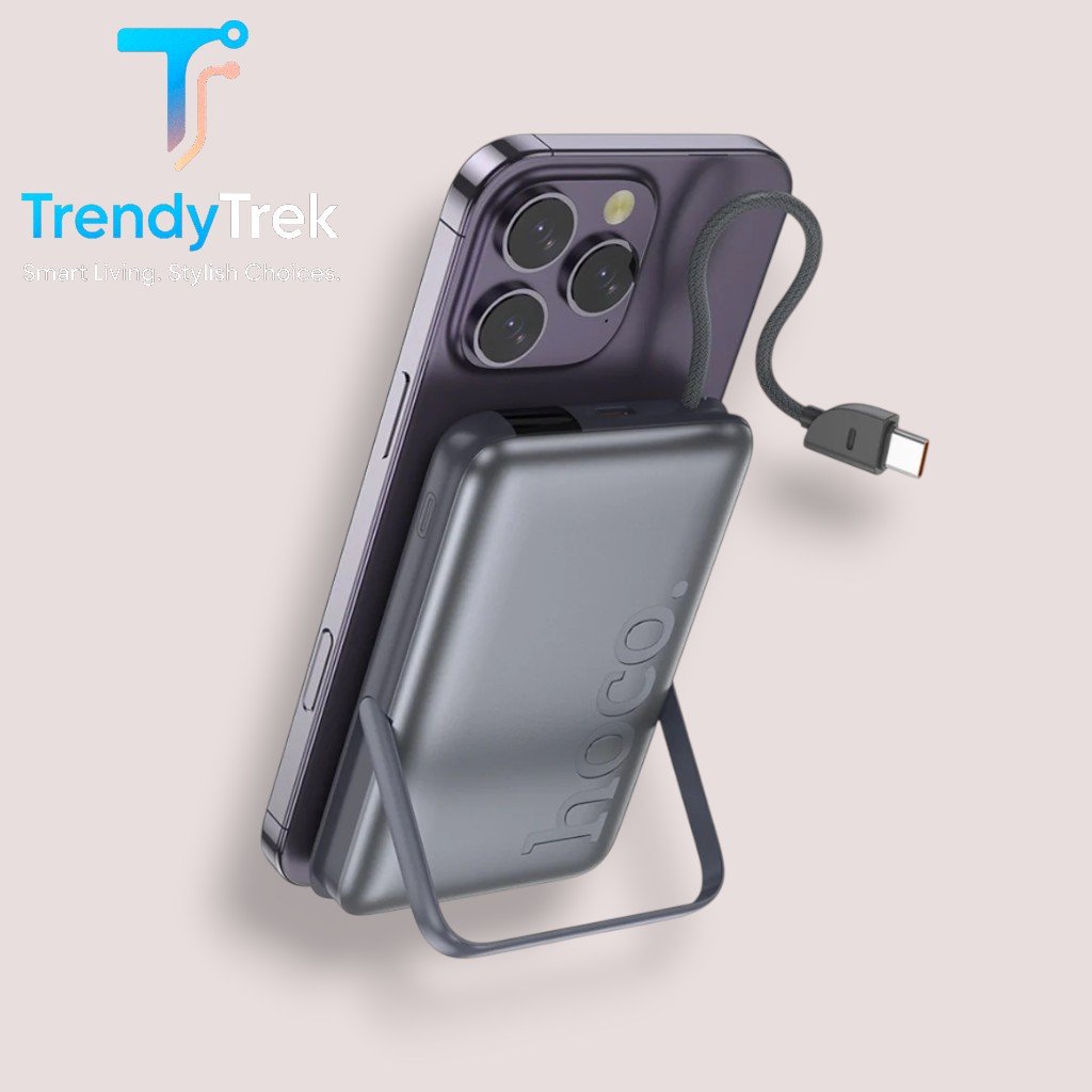 HOCO Q43 10000mAh 3-in-1 Magnetic Wireless Charging Power Bank with Built-In Cable & Phone Holder - Image 3