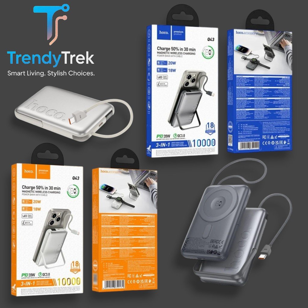 HOCO Q43 10000mAh 3-in-1 Magnetic Wireless Charging Power Bank with Built-In Cable & Phone Holder