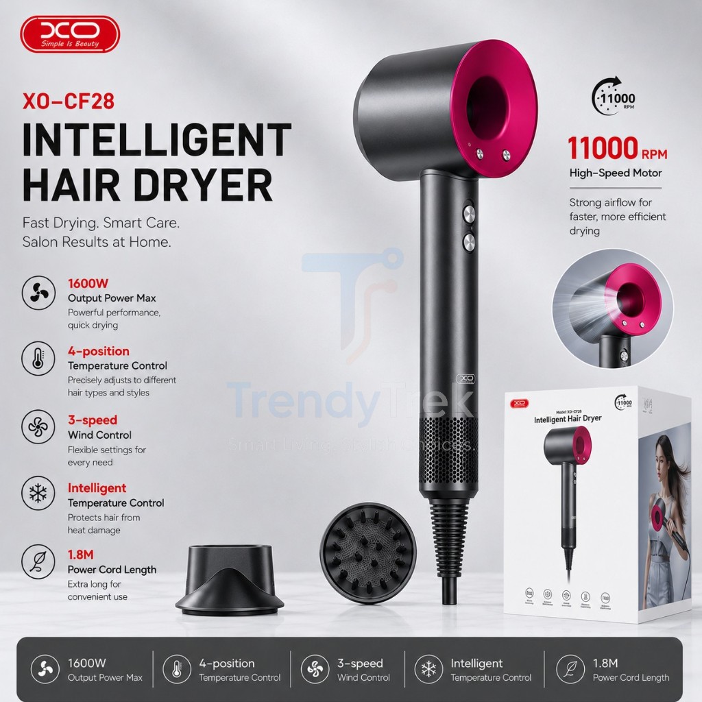 XO CF28 Intelligent High-Speed Hair Dryer 1600W – Graphite Gray - Image 6