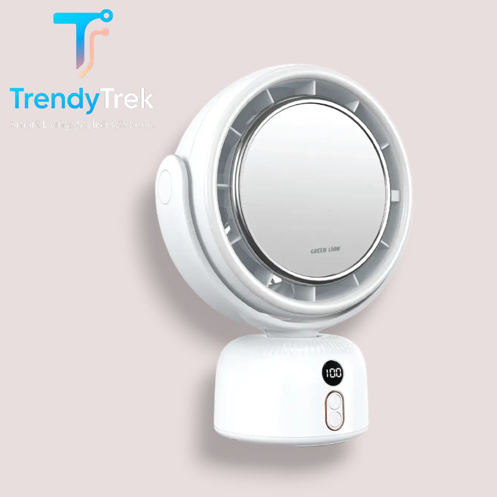 Green Lion Makeup Mirror Fan with 90° Oscillation – White - Image 2
