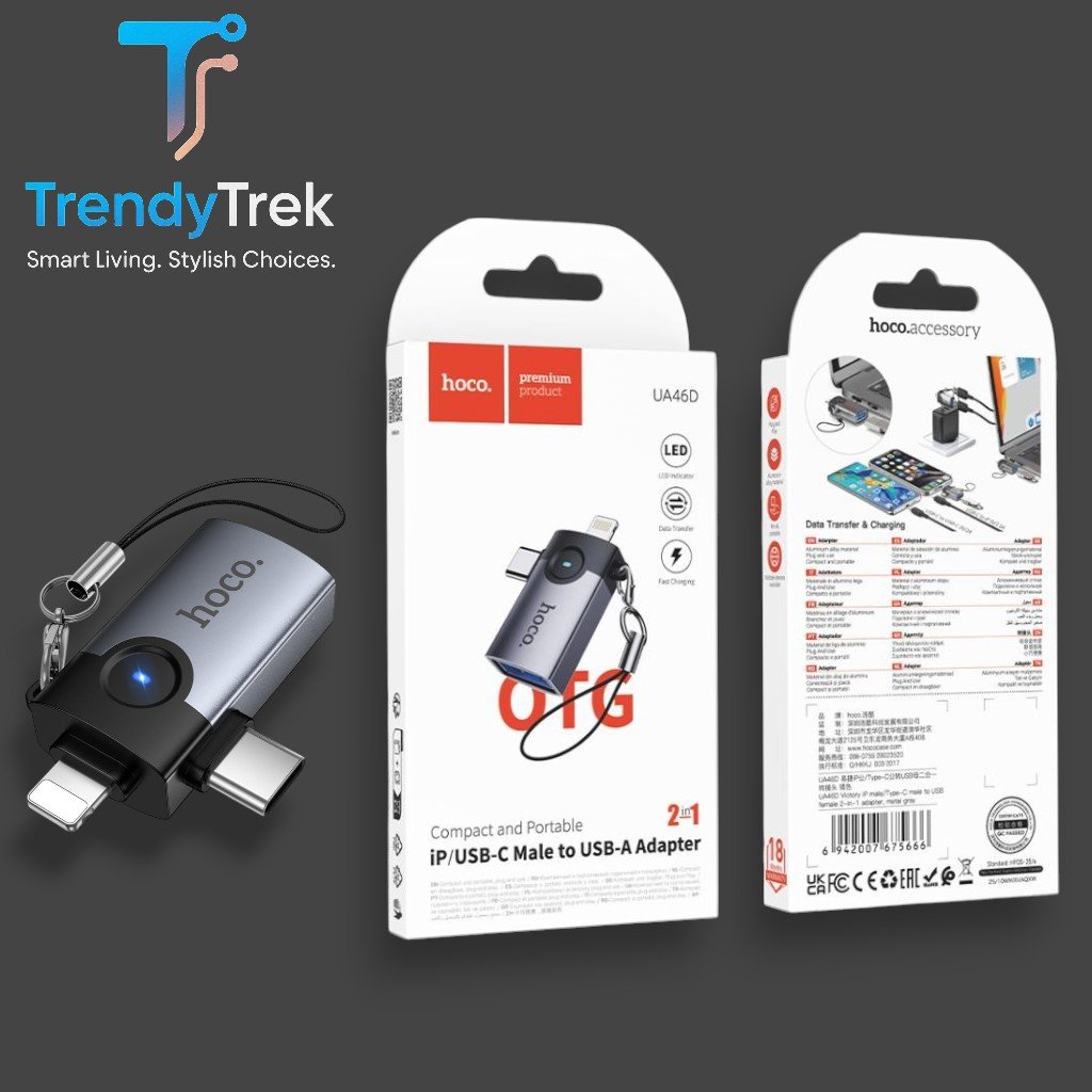 Hoco UA46D 2-in-1 OTG Adapter – Lightning & USB-C Male to USB-A Female