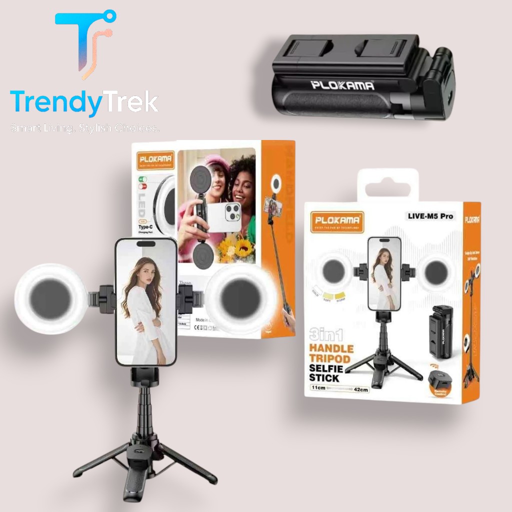 Plokama LIVE-M5 Pro 3-in-1 Handle Tripod Selfie Stick with Dual LED Ring Lights & Remote Control - Image 2