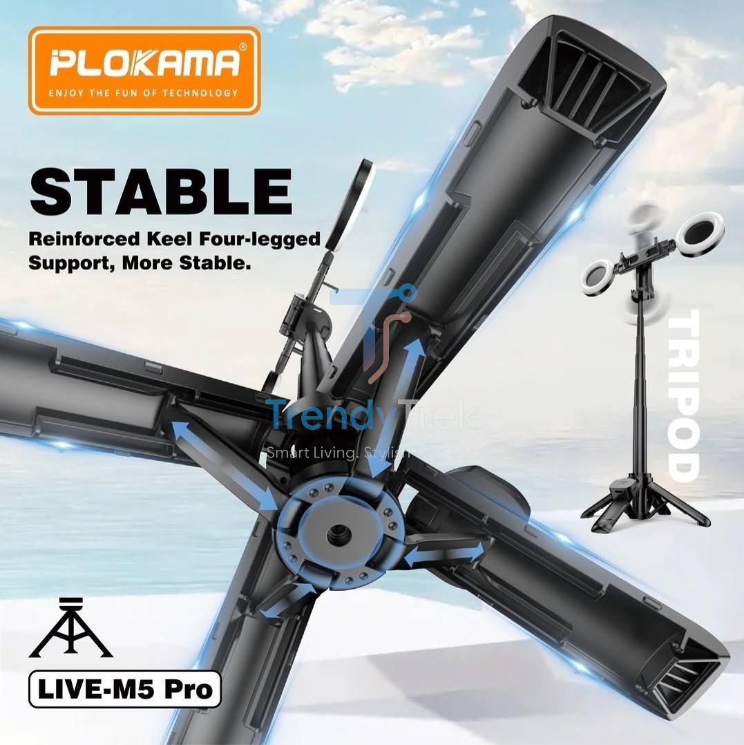 Plokama LIVE-M5 Pro 3-in-1 Handle Tripod Selfie Stick with Dual LED Ring Lights & Remote Control - Image 5