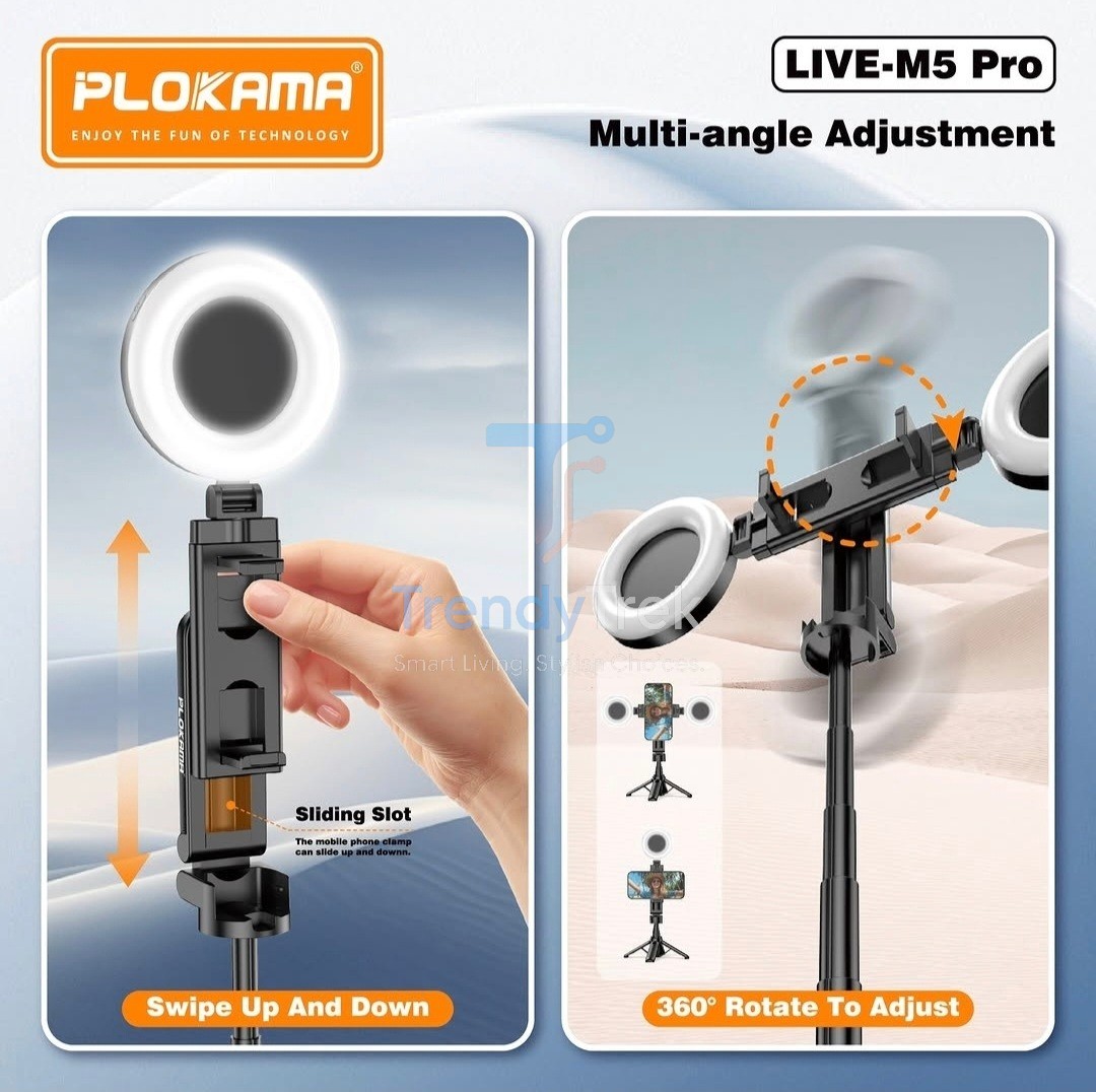 Plokama LIVE-M5 Pro 3-in-1 Handle Tripod Selfie Stick with Dual LED Ring Lights & Remote Control - Image 4