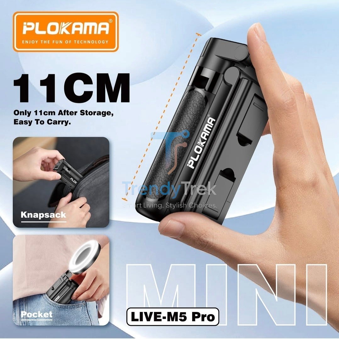 Plokama LIVE-M5 Pro 3-in-1 Handle Tripod Selfie Stick with Dual LED Ring Lights & Remote Control - Image 3