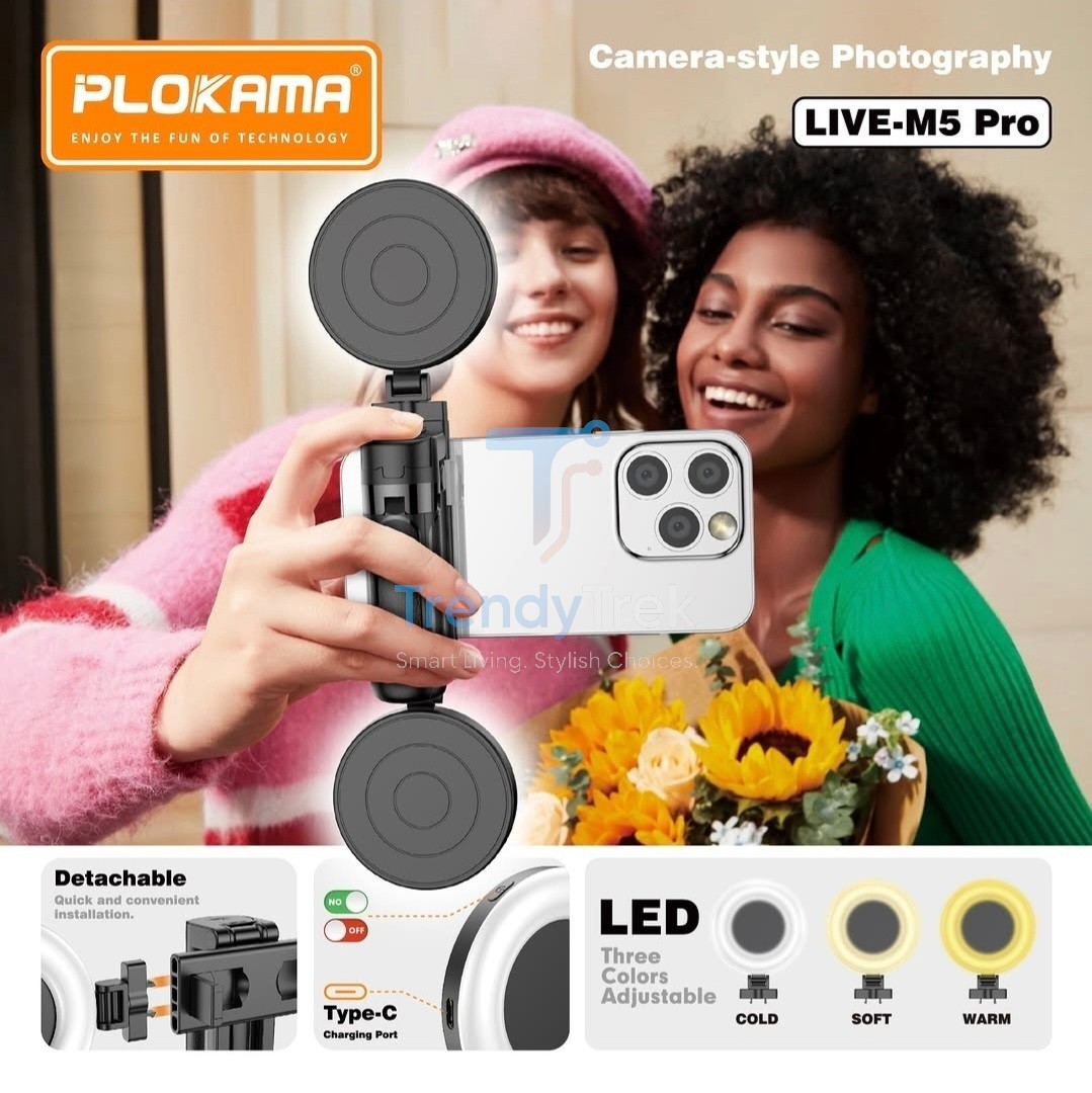 Plokama LIVE-M5 Pro 3-in-1 Handle Tripod Selfie Stick with Dual LED Ring Lights & Remote Control - Image 6
