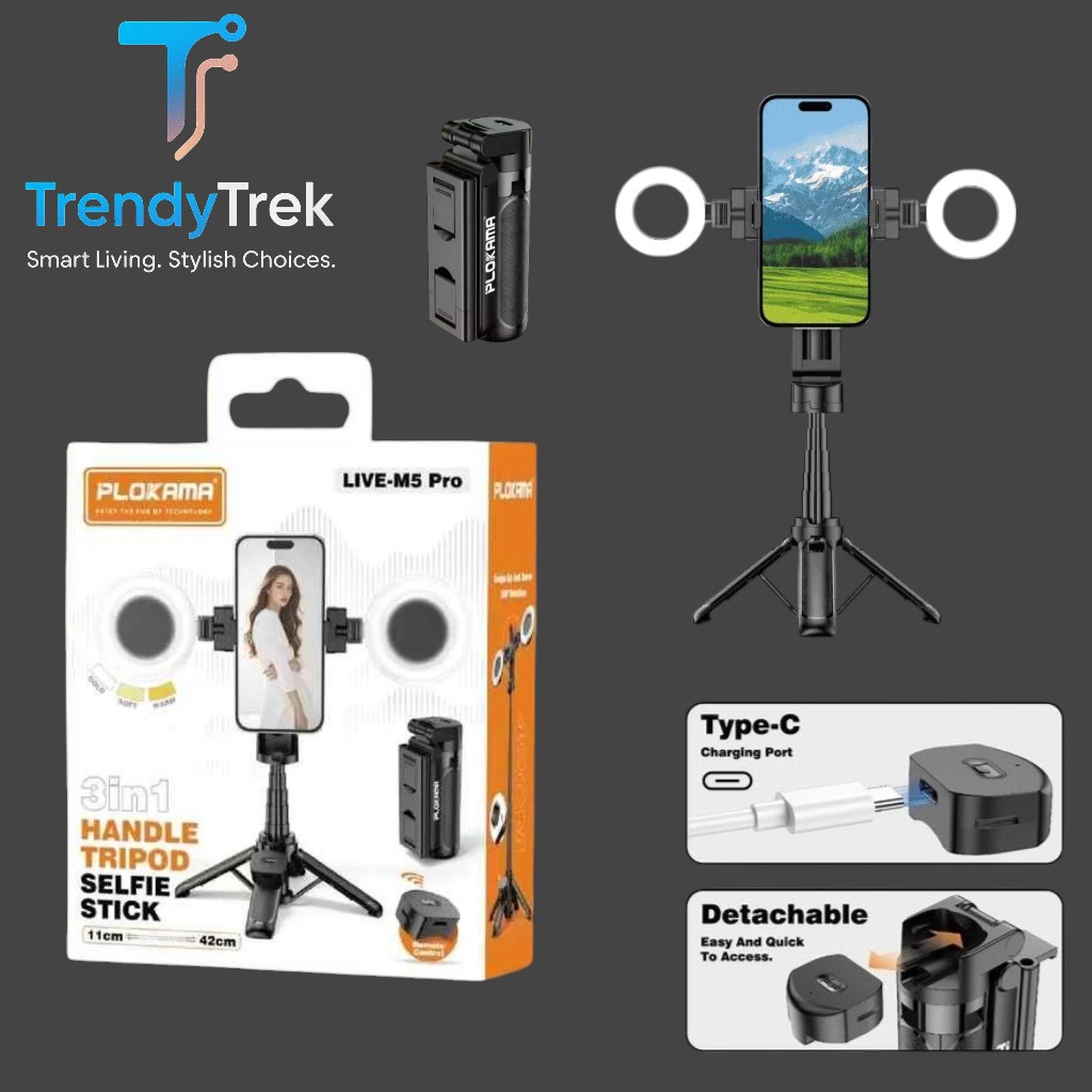 Plokama LIVE-M5 Pro 3-in-1 Handle Tripod Selfie Stick with Dual LED Ring Lights & Remote Control