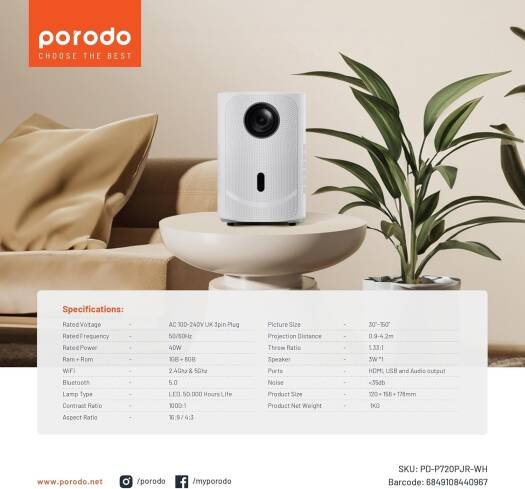 Porodo 720P HD Smart Mini Projector with Android 9 & Wireless Mirroring – White - Image 5