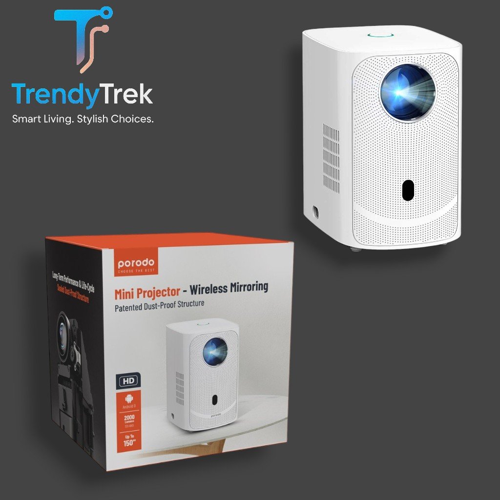 Porodo 720P HD Smart Mini Projector with Android 9 & Wireless Mirroring – White