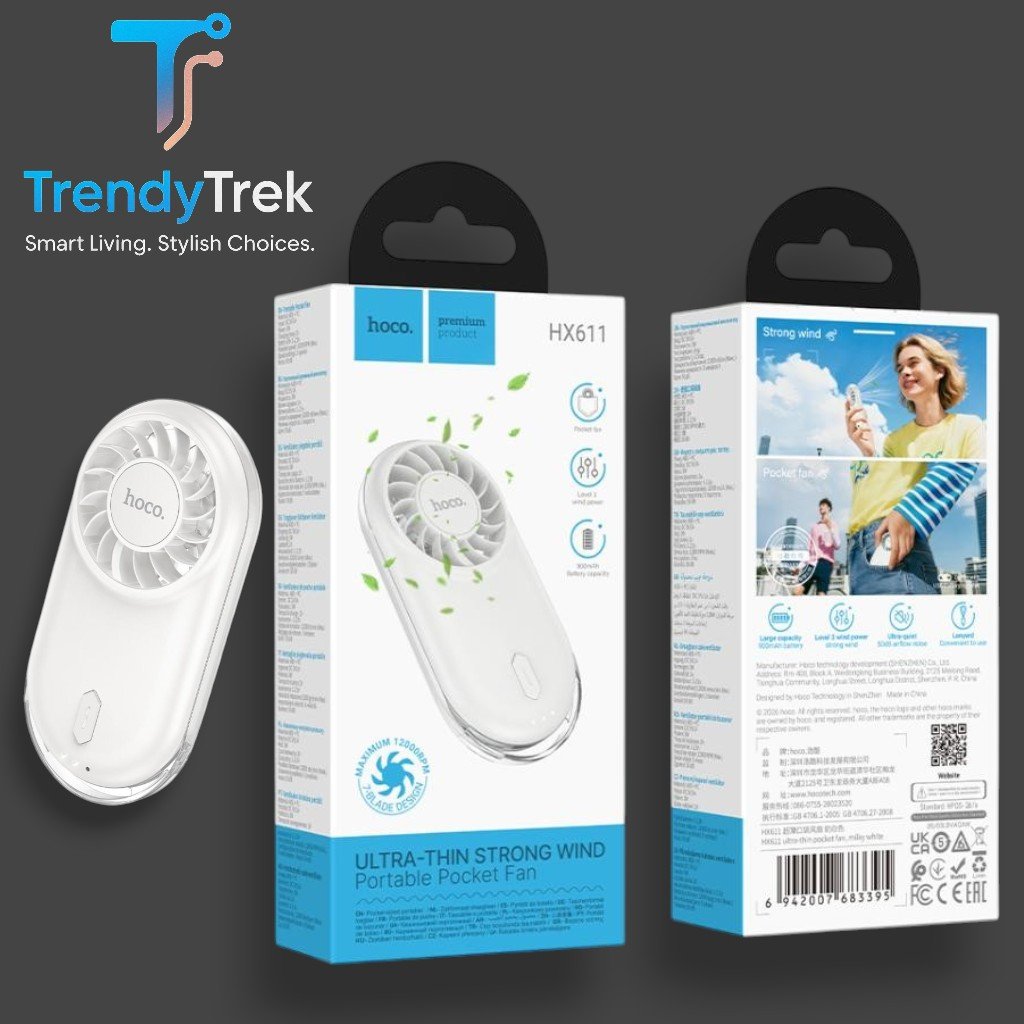 Hoco HX611 Ultra-Thin Strong-Wind Portable Pocket Fan – Milky White