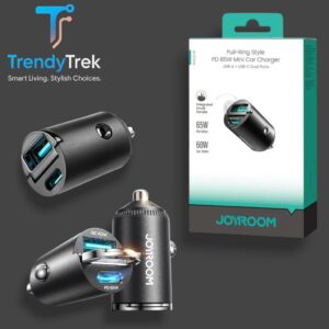 JOYROOM JR-CCN18 65W Dual-Port Mini Car Charger with Pull Ring – USB-C PD + USB-A QC