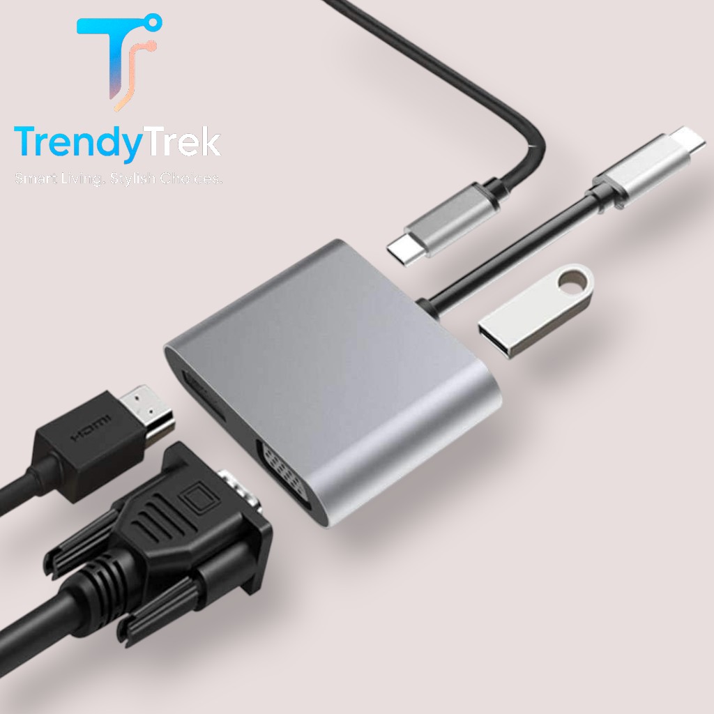 USB-C 4-in-1 Hub Adapter with 4K HDMI, VGA, USB 3.0 & PD Charging – Grey - Image 2