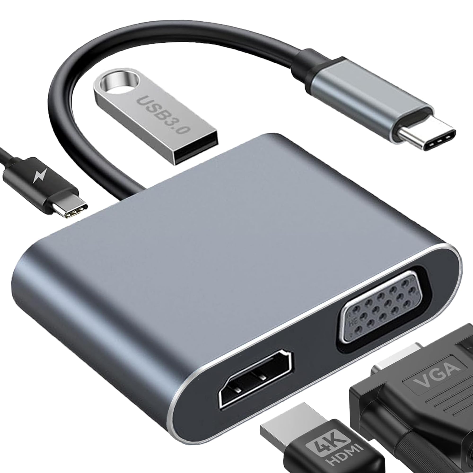 USB-C 4-in-1 Hub Adapter with 4K HDMI, VGA, USB 3.0 & PD Charging – Grey - Image 12