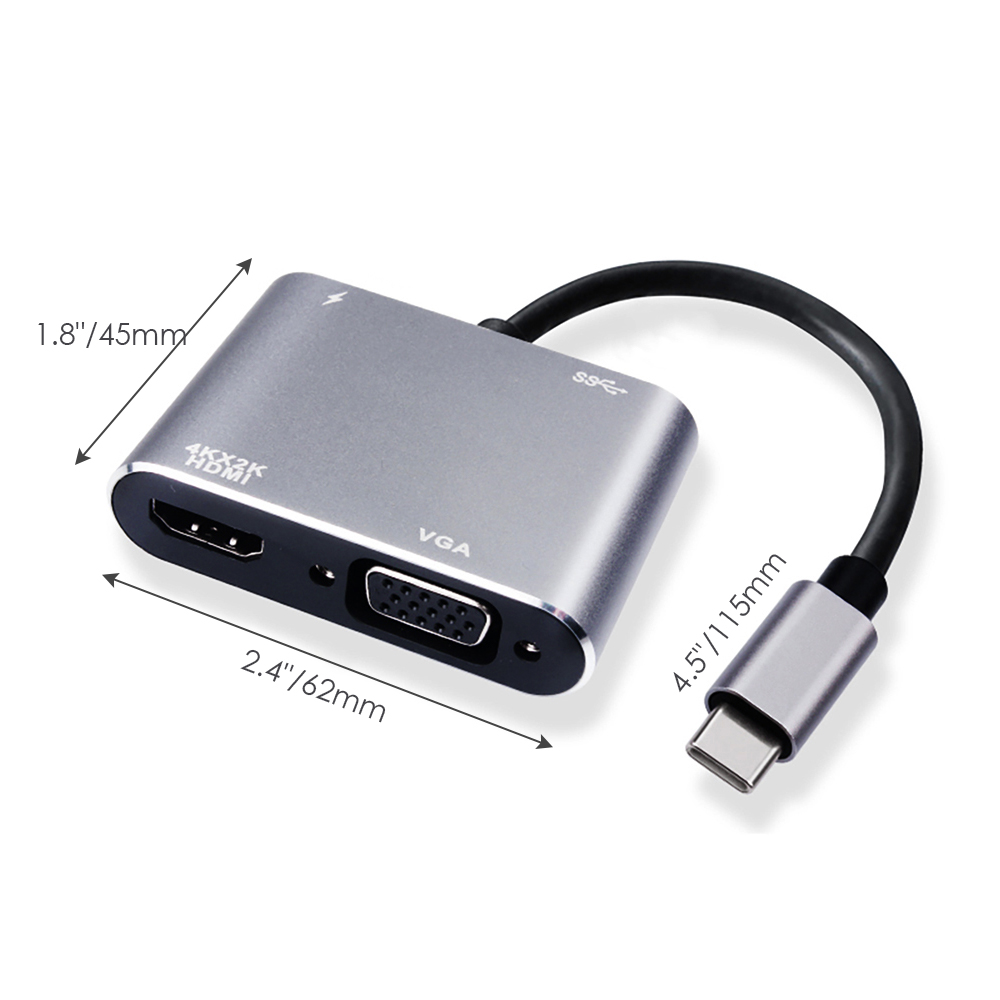 USB-C 4-in-1 Hub Adapter with 4K HDMI, VGA, USB 3.0 & PD Charging – Grey - Image 3