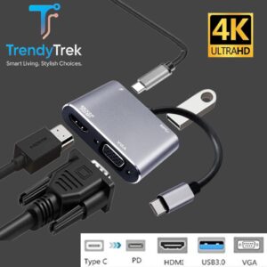 USB-C 4-in-1 Hub Adapter with 4K HDMI, VGA, USB 3.0 & PD Charging – Grey