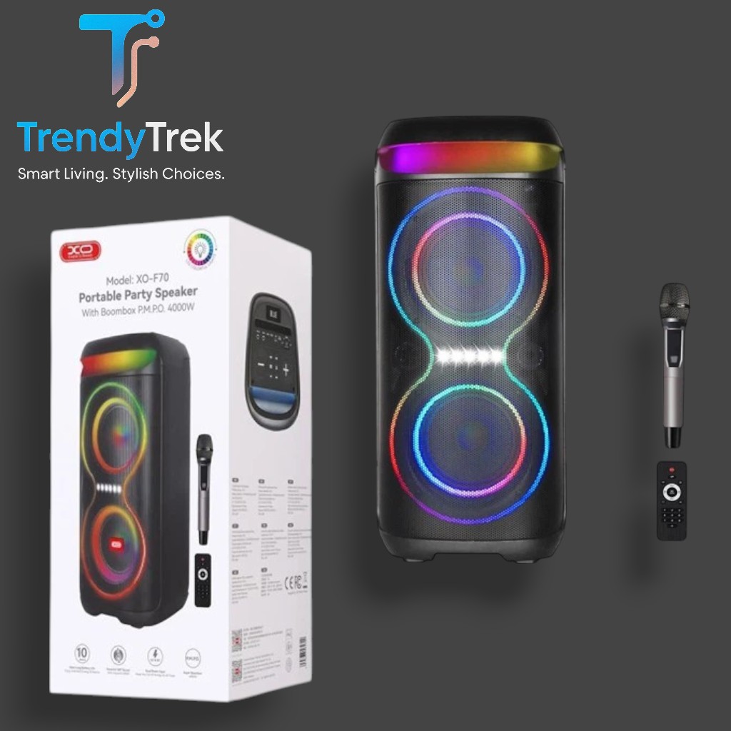 XO F70 Portable Bluetooth Party Speaker with Wireless Microphone & RGB Lighting – Black