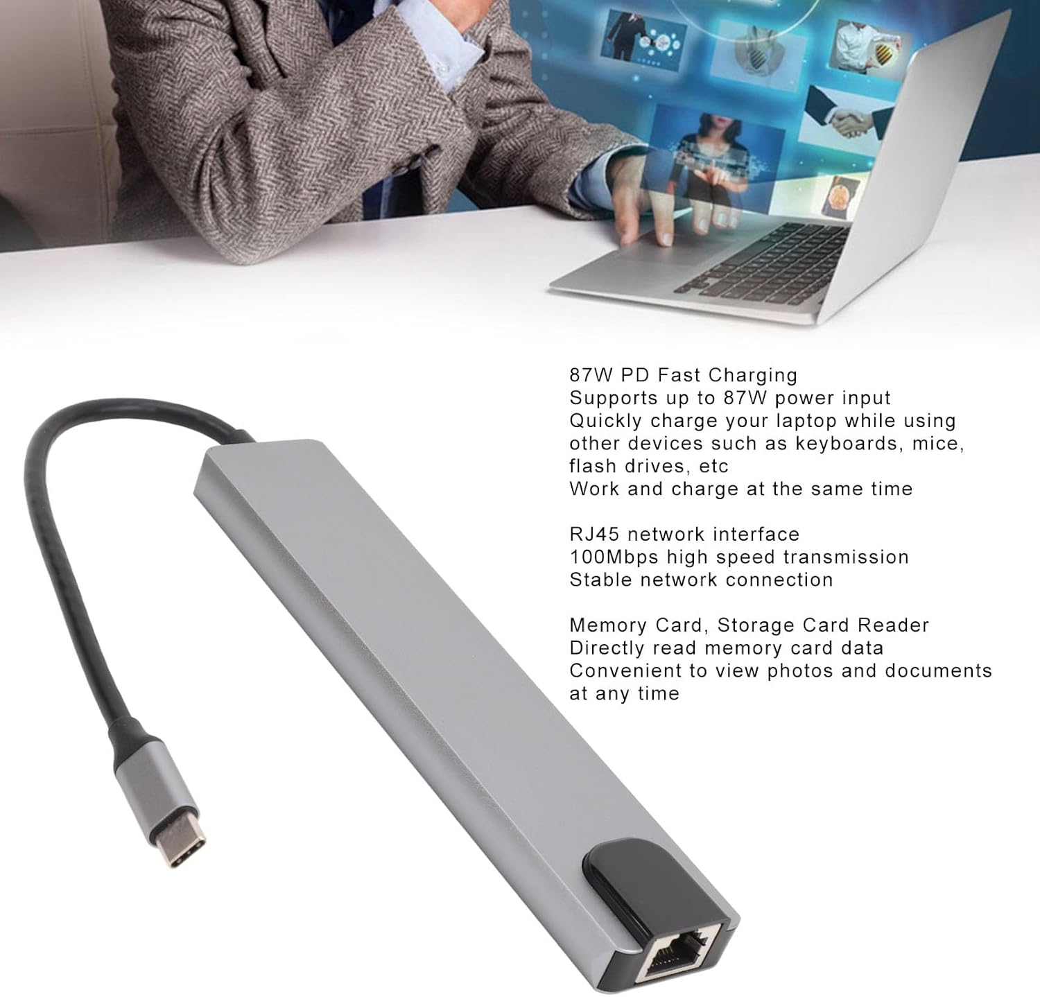 USB-C 8-in-1 Hub Adapter with 4K HDMI, RJ45, SD/TF, USB & PD Charging – Space Grey - Image 8