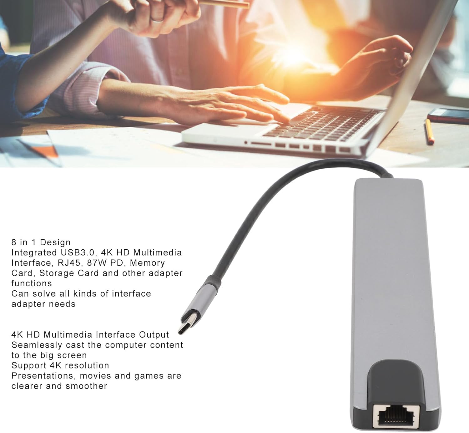 USB-C 8-in-1 Hub Adapter with 4K HDMI, RJ45, SD/TF, USB & PD Charging – Space Grey - Image 12