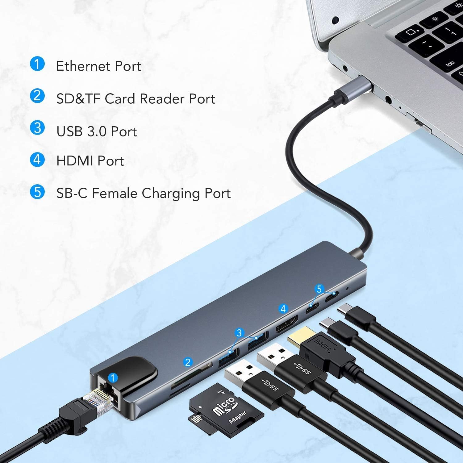 USB-C 8-in-1 Hub Adapter with 4K HDMI, RJ45, SD/TF, USB & PD Charging – Space Grey - Image 3