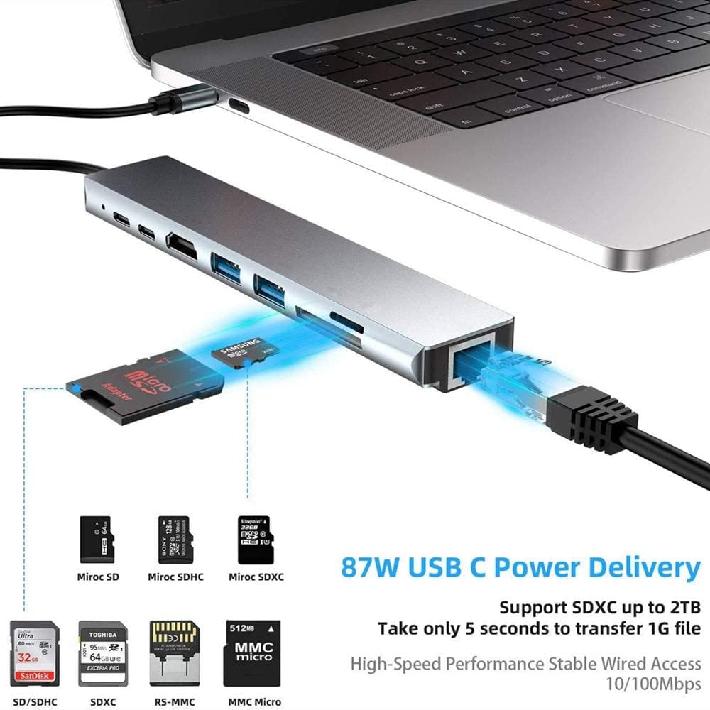 USB-C 8-in-1 Hub Adapter with 4K HDMI, RJ45, SD/TF, USB & PD Charging – Space Grey - Image 5