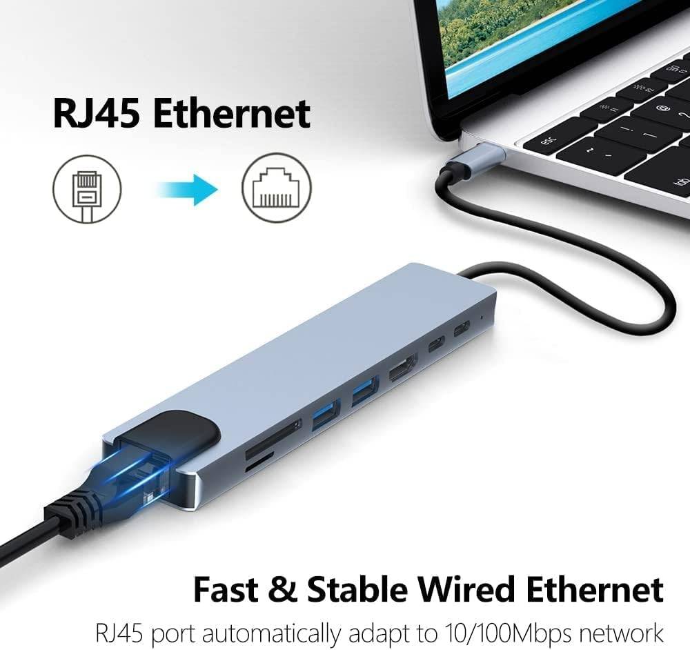 USB-C 8-in-1 Hub Adapter with 4K HDMI, RJ45, SD/TF, USB & PD Charging – Space Grey - Image 6