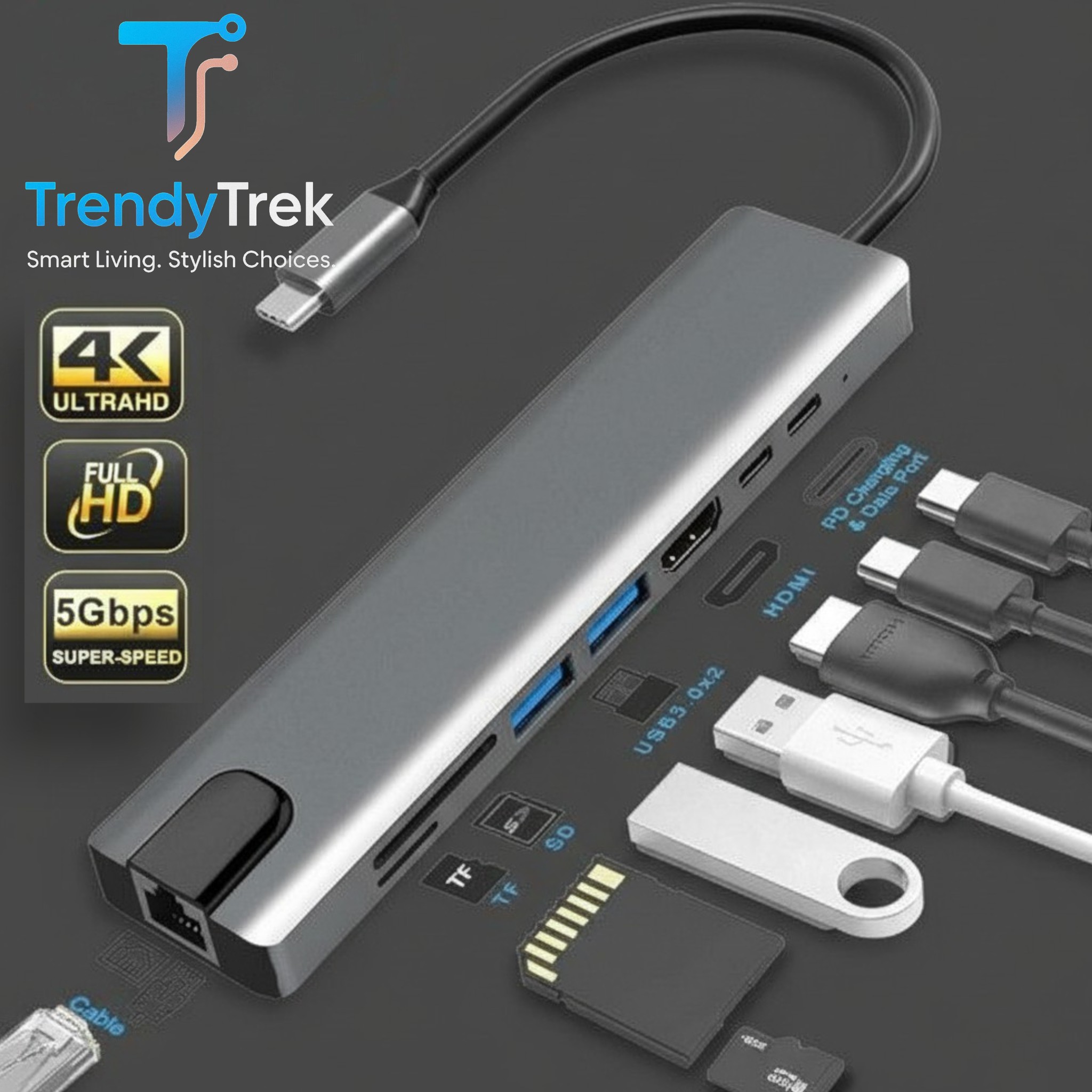 USB-C 8-in-1 Hub Adapter with 4K HDMI, RJ45, SD/TF, USB & PD Charging – Space Grey