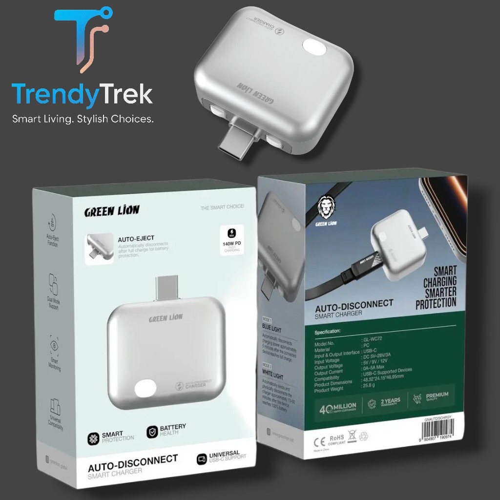 Green Lion Auto-Disconnect Smart Charger 140W PD USB-C – Gray