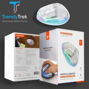 Porodo Vertical 4800 DPI Wireless Mouse with Bluetooth & 2.4GHz – Transparent