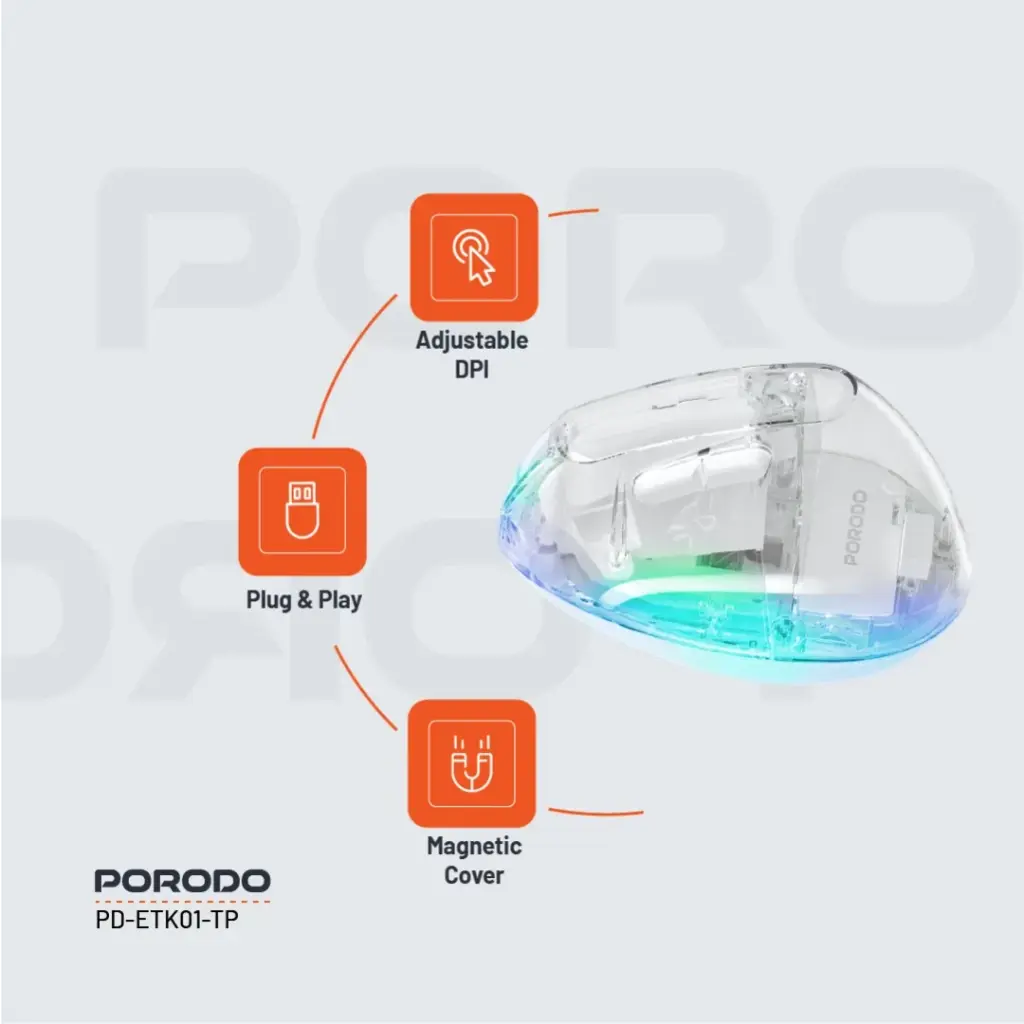 Porodo Vertical 4800 DPI Wireless Mouse with Bluetooth & 2.4GHz – Transparent - Image 6