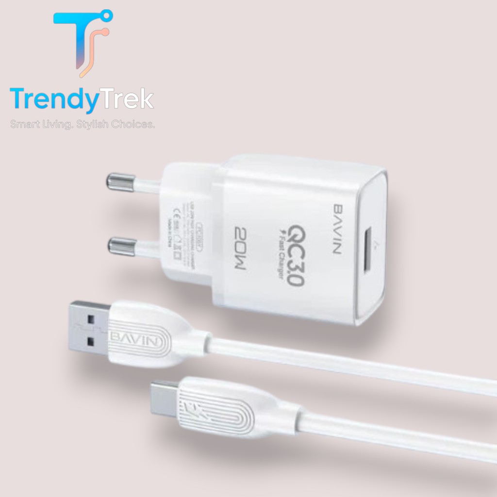 BAVIN PC108Y 20W QC3.0 USB Fast Charger with Cable – White - Image 2