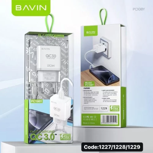 BAVIN PC108Y 20W QC3.0 USB Fast Charger with Cable – White - Image 4
