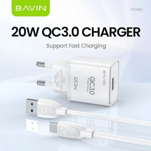 BAVIN PC108Y 20W QC3.0 USB Fast Charger with Cable – White - Image 3