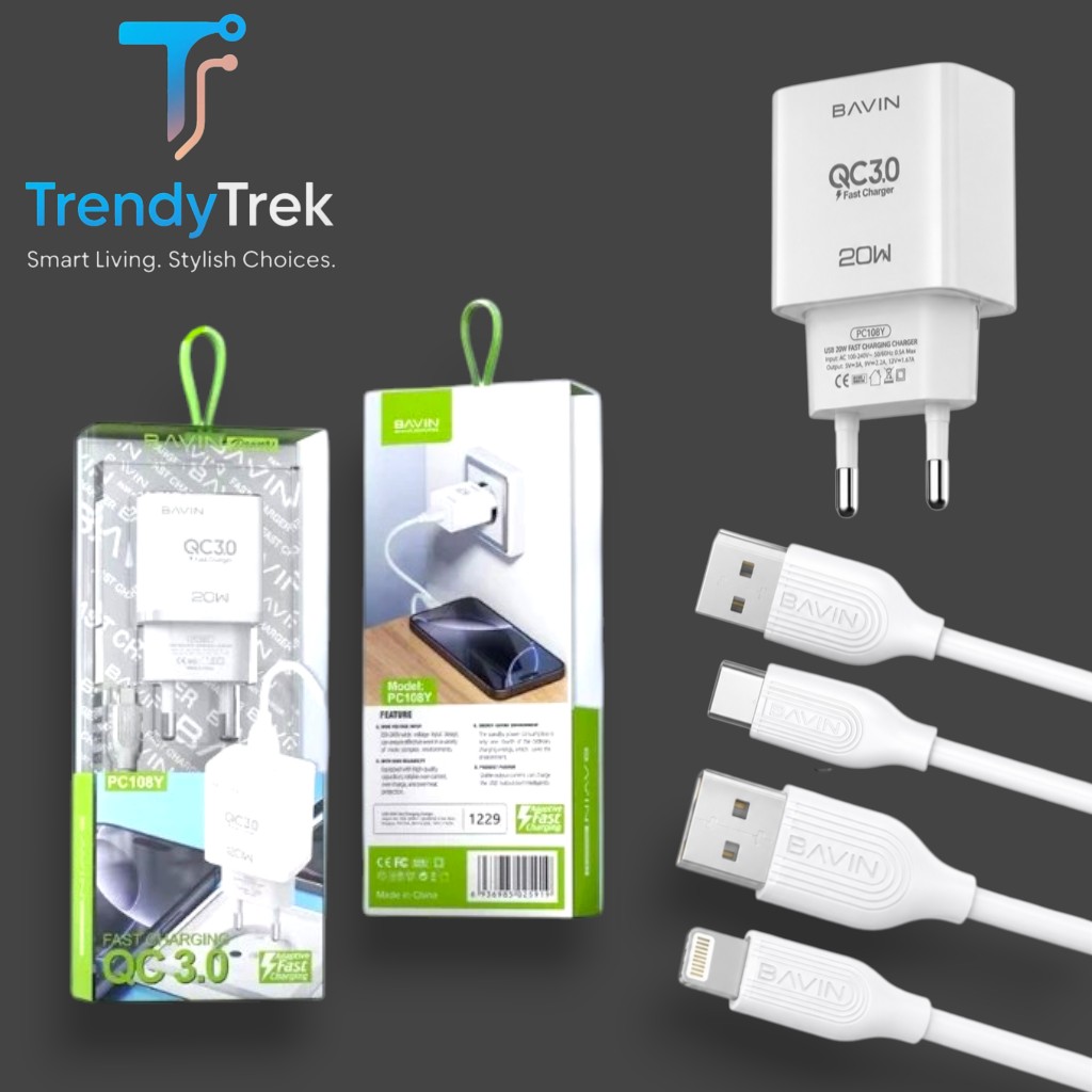 BAVIN PC108Y 20W QC3.0 USB Fast Charger with Cable – White
