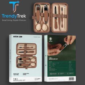 Green Lion 7-In-1 Manicure Kit with Stainless Steel Tools & PU Leather Case – Brown