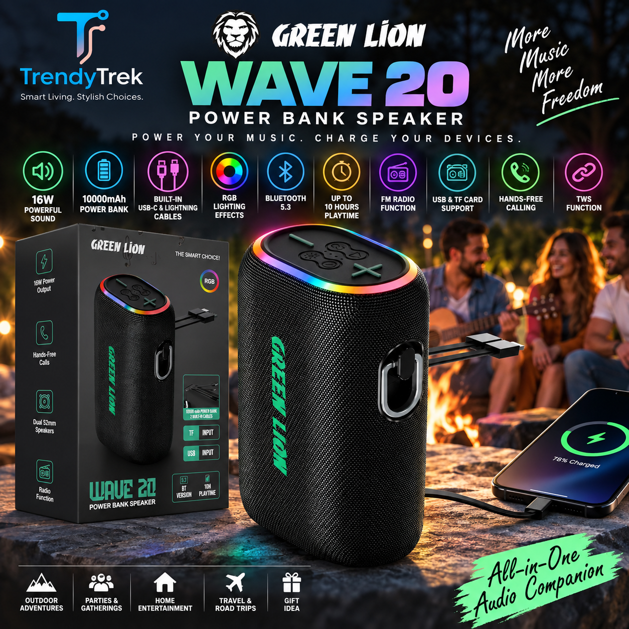 Green Lion WAVE 20 16W Bluetooth Speaker with 10000mAh Power Bank – Black - Image 3