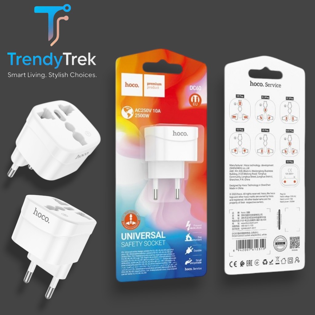 HOCO DC60 Universal-to-EU 2500W Travel Plug Adapter – White