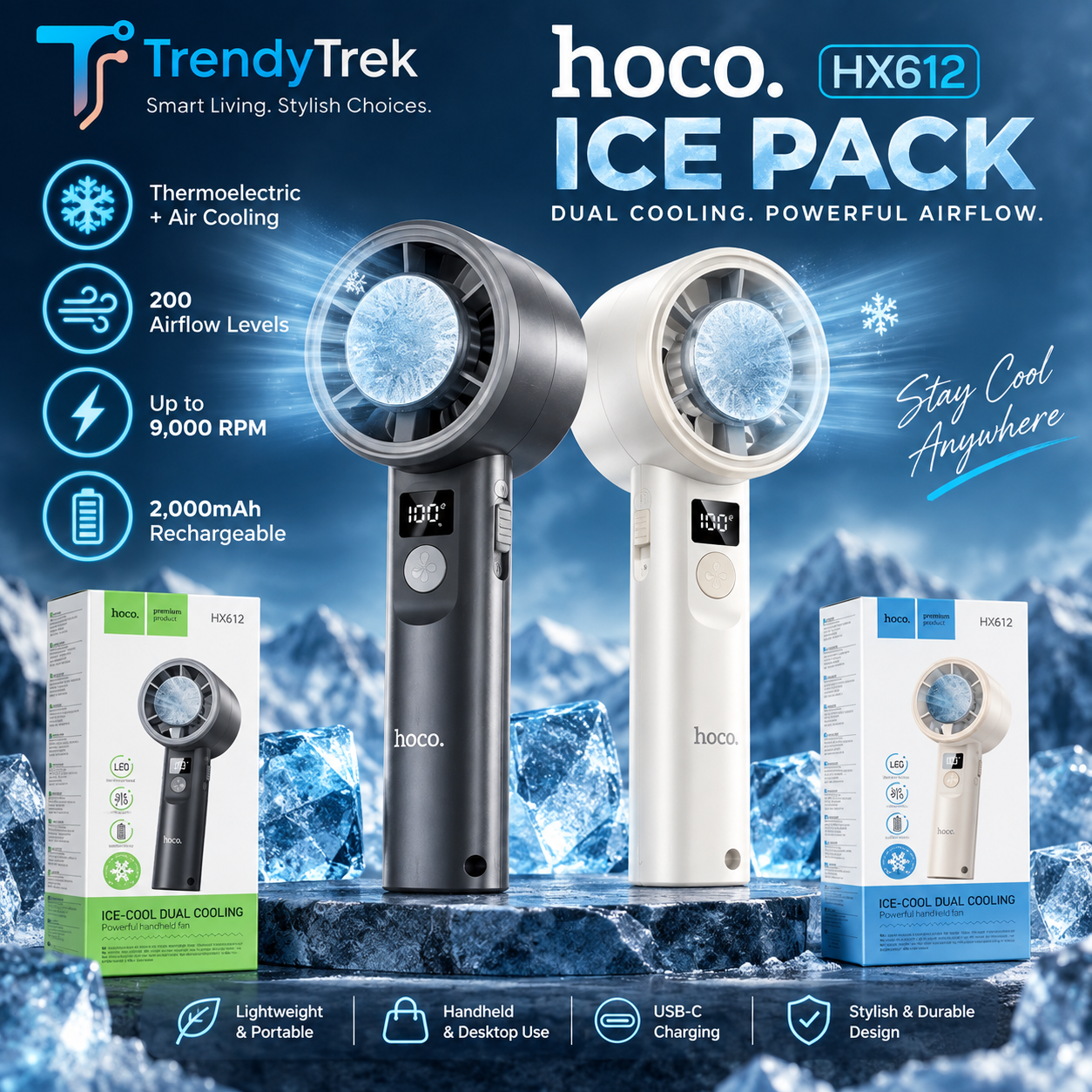 HOCO HX612 Ice Pack Dual-Cooling Handheld & Desktop Fan - Image 5