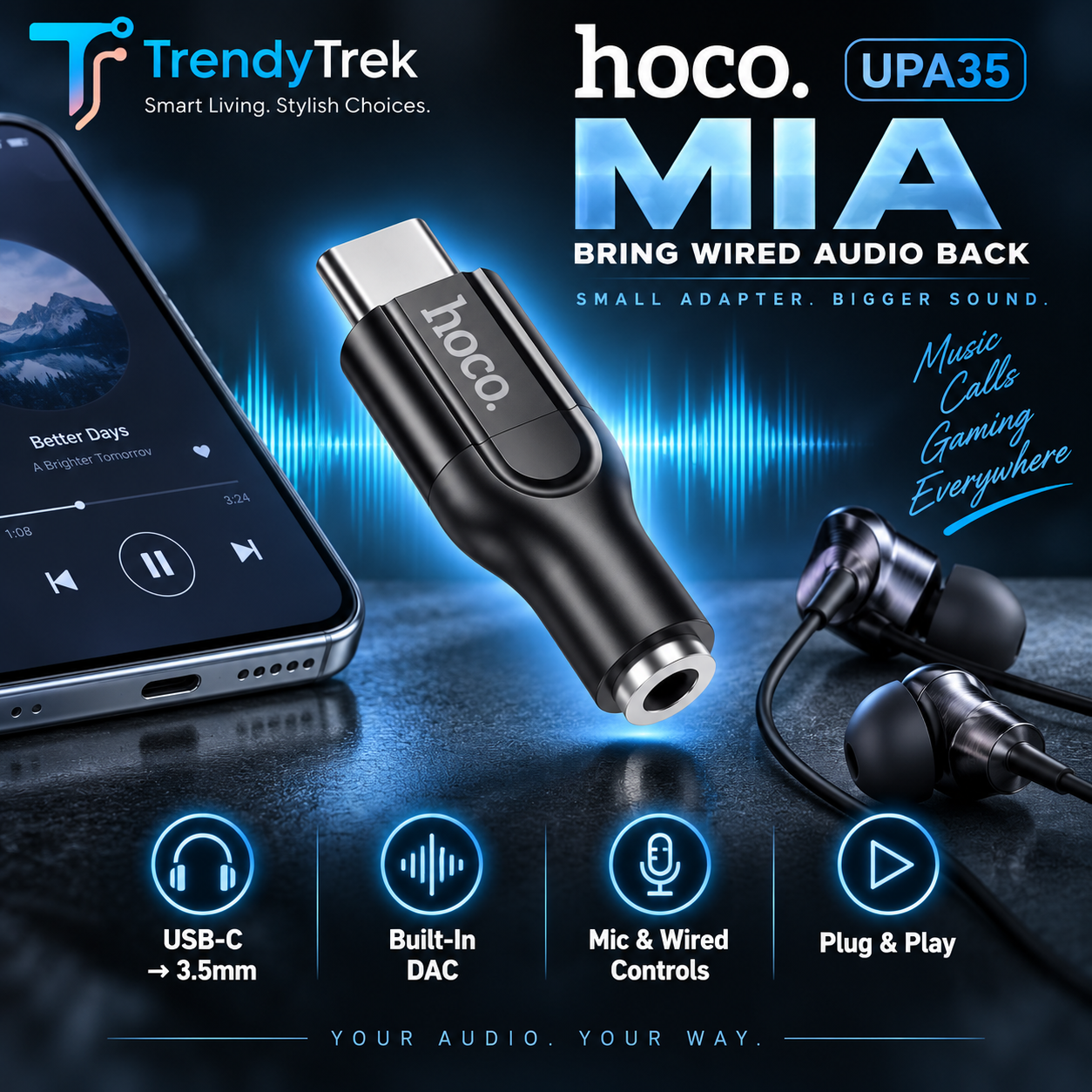 HOCO UPA35 Mia USB-C to 3.5mm Digital Audio Converter with DAC – Black - Image 5