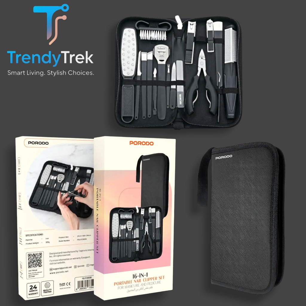 Porodo 16-In-1 Portable Nail Clipper Set for Manicure & Pedicure – Black