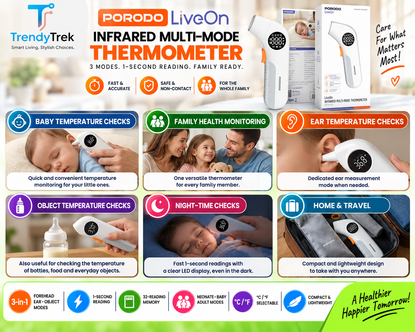 Porodo LiveOn Infrared Multi-Mode Thermometer with LED Display – White - Image 3