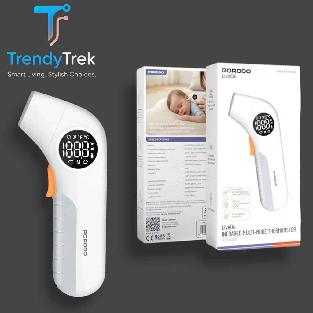 Porodo LiveOn Infrared Multi-Mode Thermometer with LED Display – White