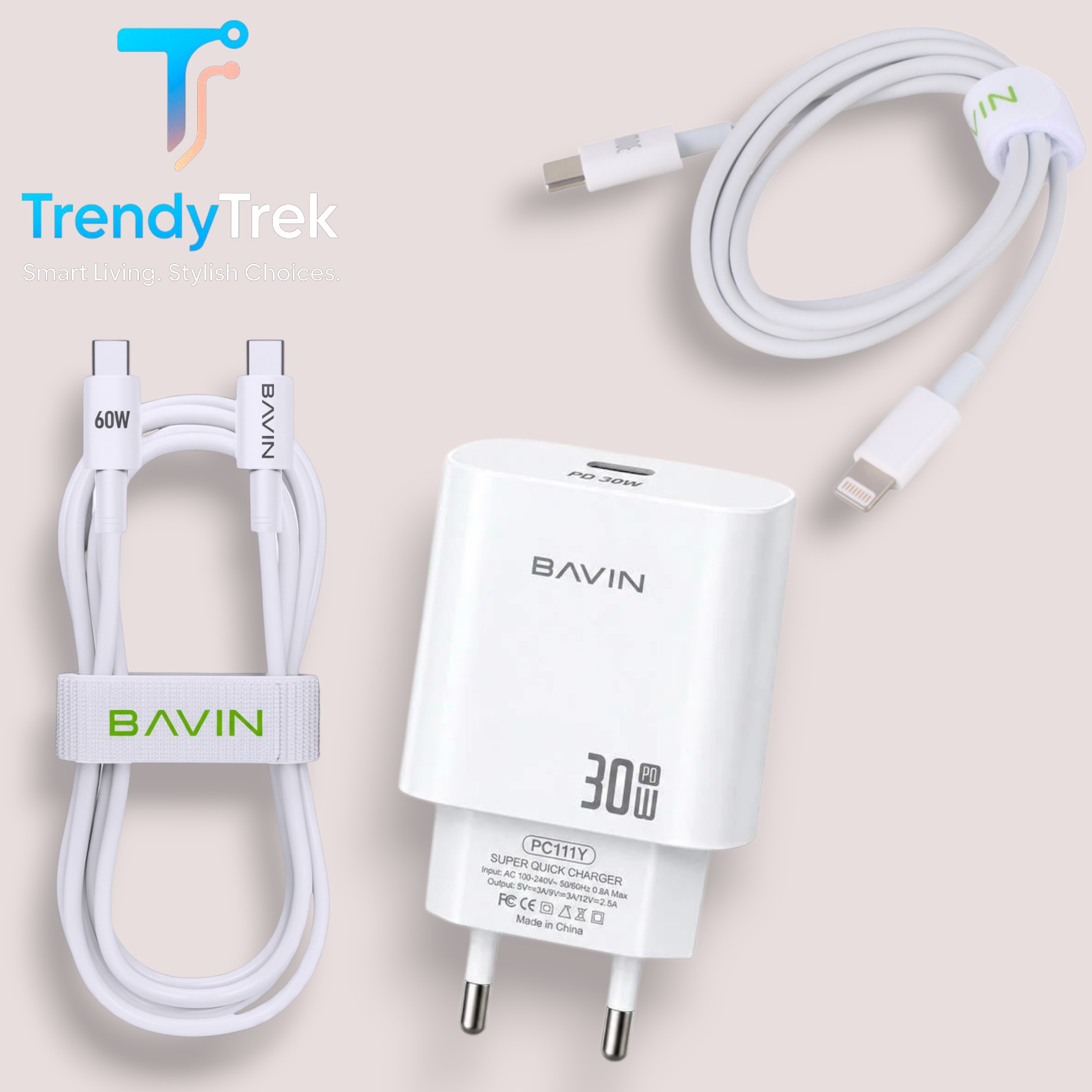 BAVIN PC111Y 30W PD USB-C Wall Charger with Cable – USB-C or Lightning - Image 2